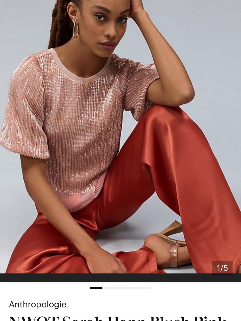 Anthropologie Blush Pink Sequin Top with Rust Satin Wide-Leg Pants